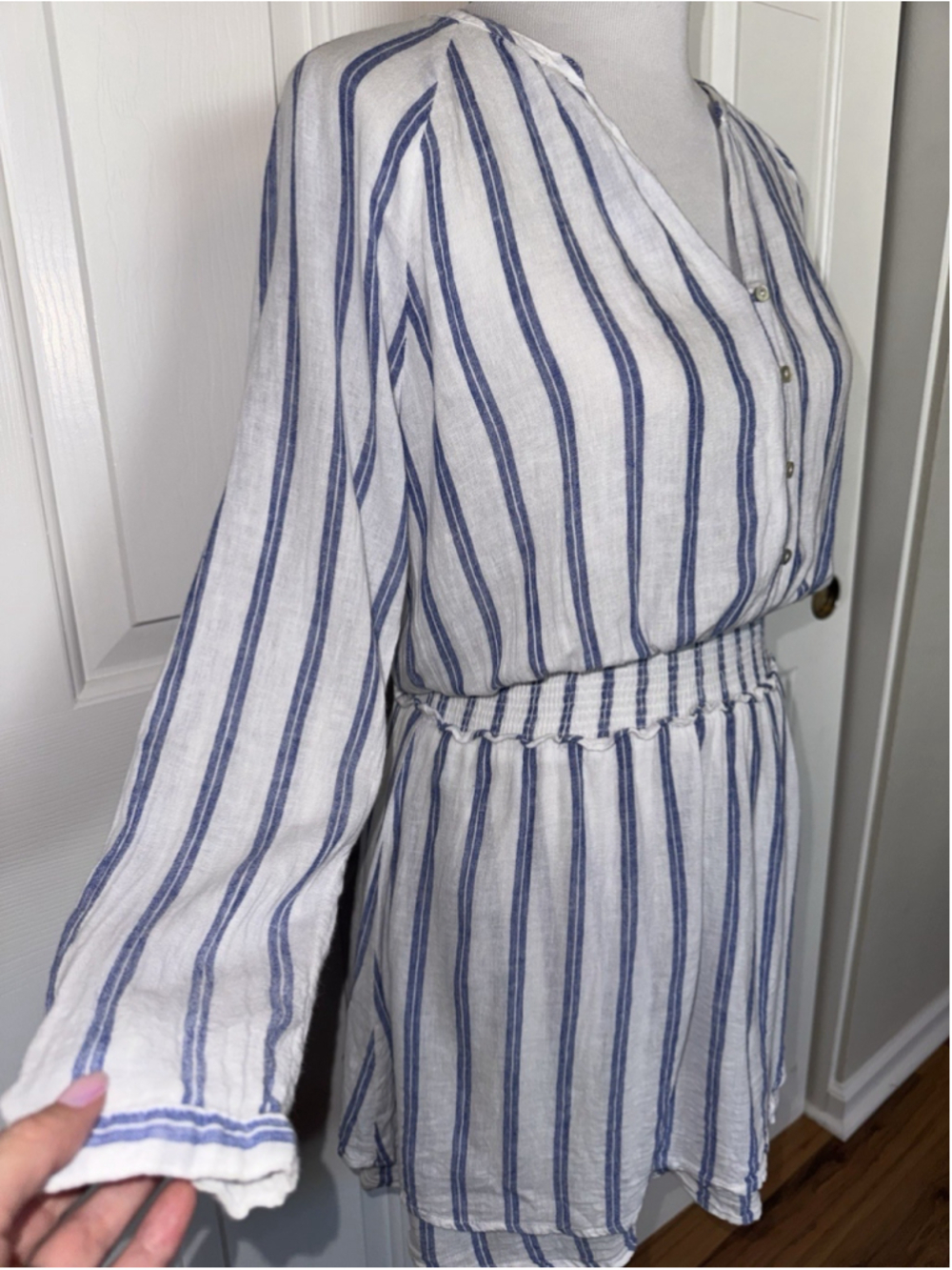 Rails Jasmine Stripe Smoked Waist Mini Dress Blue White Coastal Boho Resort XS - Picture 3 of 11